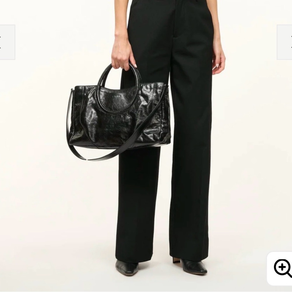 STAUD Black “MAUDE” Patent Leather Satchel with Top Handles & Shoulder Strap